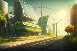 futuristico verde città. un' sostenibile e l'ambiente amichevole urbano ambiente, con verde tetti, solare pannelli, e elettrico veicoli illustrazione generativo ai foto