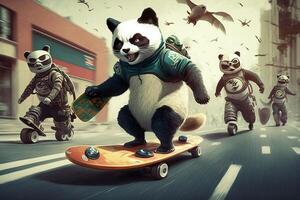 panda equitazione un' skateboard, essere inseguito di un' gruppo di ninja gatti illustrazione generativo ai foto