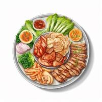 samgyeopsal coreano cibo con lattuga, perilla foglie, affettato cipolle e crudo aglio kimchi. ai generato foto