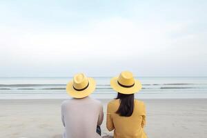 un' coppia seduta su un' spiaggia. dolce coppia contento rilassare godere amore e romantico momento. ai generato foto