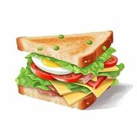 Sandwich con lattuga, cipolla, uovo, pomodoro, formaggio e pane. ai generato. foto