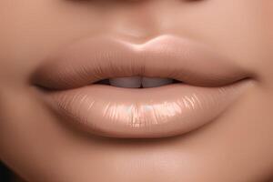 avvicinamento di donna di labbra con giorno bellezza trucco. ai generato foto