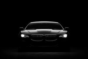 davanti Visualizza buio silhouette di un' moderno lusso nero auto isolato su nero sfondo. ai generato foto