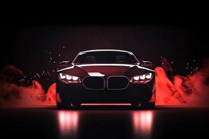 davanti Visualizza buio silhouette di un' moderno sport rosso auto isolato su buio sfondo con rosso neon leggero e Fumo. ai generato foto