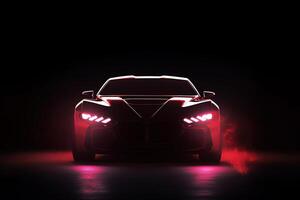davanti Visualizza buio silhouette di un' moderno sport rosso auto isolato su buio sfondo con rosso neon leggero e Fumo. ai generato foto