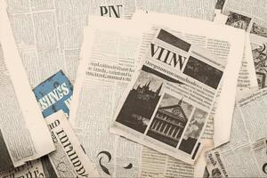 un vecchio Vintage ▾ giornale pezzi sfondo. ai generato foto