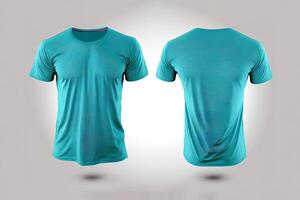 foto realistico maschio ciano colore magliette con copia spazio, davanti e indietro Visualizza. ai generato