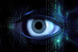 macro occhio con alto tecnologia per futuristico virtuale realtà. concetto di biometrico e retinale lettura e personale dati sicurezza. ai generato foto