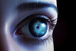 macro occhio con alto tecnologia per futuristico virtuale realtà. concetto di biometrico e retinale lettura e personale dati sicurezza. ai generato foto