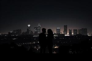 silhouette di un' romantico giovane coppia godendo il città notturno. ai generato foto