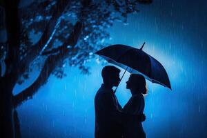 silhouette un' coppia in piedi sotto un ombrello nel il pioggia. ai generato foto