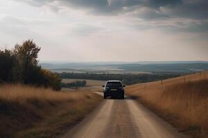 un' nero auto su il strada contro il fondale di un' bellissimo rurale paesaggio con copia spazio. generativo ai foto