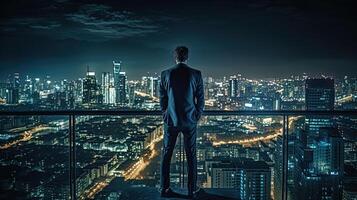 uomo d'affari in piedi su balcone davanti Visualizza di città a notte attività commerciale ispirazione e visione. generativo ai foto