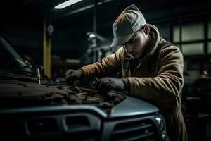 auto Manutenzione servizio nel il sfondo di un' auto riparazione negozio foto