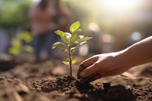 volontario piantare nuovo albero nel sporco nel un urbano giardino con generativo ai foto