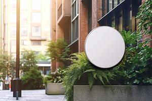 un' vuoto bianca il giro metallo cartello finto su nel moderno urbano con generativo ai foto