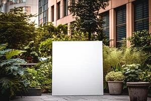 un' vuoto bianca piazza metallo cartello finto su nel moderno urbano con generativo ai foto