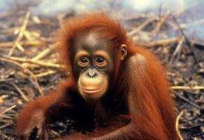 un' potrait di povero orangutan sembra triste a ardente foresta ai generato foto