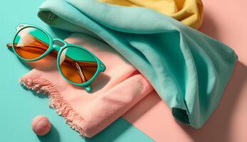 spiaggia asciugamano e occhiali da sole nel estate concetto con generativo ai foto