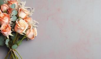 mazzo fiori di Rose flatlay con grande vuoto pianura pastello sfondo per testo modello ai generato foto