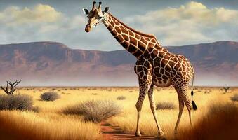 un' giraffa è attraverso il savana. ai foto