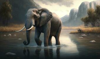 un' elefante attraversamento un' fiume. generato di ai foto