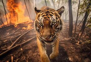 un' potrait di povero tigre sembra triste e pazzo provando per attacco a ardente foresta ai generato foto