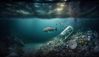 un' pesce nuotate sotto un' chiaro bottiglia nel il oceano. ai generato foto