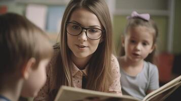 un' insegnante legge un' libro per un' bambino con un' rosa arco su sua testa. ai generato foto