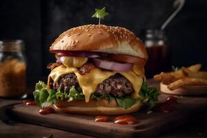 un' hamburger con Bacon, formaggio, e cipolla su esso. ai generato foto