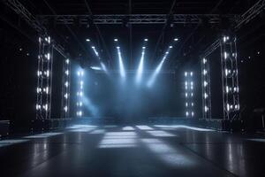 un' grande palcoscenico con luci su esso e un' nero sfondo. ai generato foto