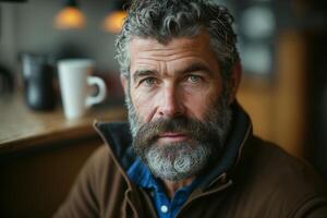 un' uomo con un' barba e un' boccale di caffè. ai generato foto