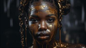 un' donna con oro dipingere su sua viso. ai generato foto