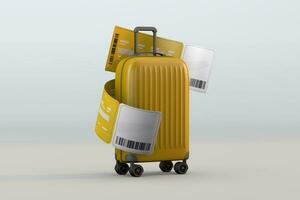 giallo valigia e biglietto passaggio aereo un' viaggio concetto foto