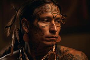un' uomo con un' tatuaggio su il suo viso. ai generato foto