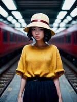 bellissimo asiatico donna a Ciao velocità treno stazione, generativo ai foto