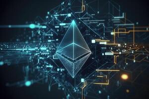 Ethereum moneta simbolo con blu leggero sfondo Rete connessione di generativo ai foto