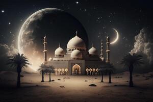 islamico sfondo con moschea, via Lattea, deserto e Luna elementi. generativo ai. foto