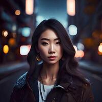 bellissimo asiatico donna a il strada, generativo arte di ai foto