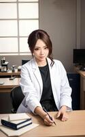 asiatico donna ricercatore scienziato indossare laboratorio cappotto, generativo ai foto