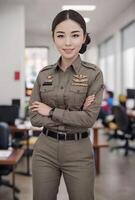 ritratto di bellissimo tailandese asiatico polizia donna indossare uniforme, generativo ai foto