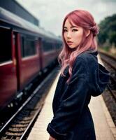 bellissimo asiatico donna a Ciao velocità treno stazione, generativo ai foto