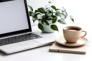 Telefono, tazza di caffè e eucalipto con un' il computer portatile concetto foto. generativo ai foto