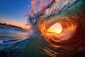 il grande oceano onda colpire il riva a tramonto. generativo ai foto