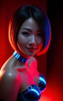 bellissimo asiatico donna con misto colore blu e rosso luce, generativo ai foto