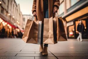 donna con shopping borse a piedi su strada. generativo ai foto