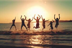 giovane gruppo di persone salto in il aria a spiaggia. generativo ai foto