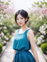 bellissimo asiatico donna a all'aperto fresco parco, generativo ai foto