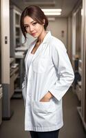 asiatico donna ricercatore scienziato indossare laboratorio cappotto, generativo ai foto