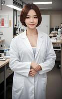 asiatico donna ricercatore scienziato indossare laboratorio cappotto, generativo ai foto